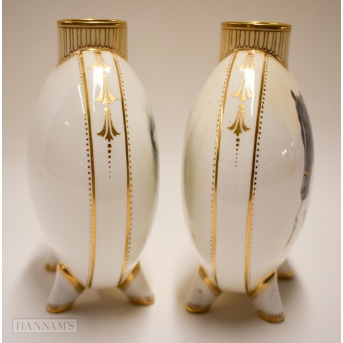 858 - Pre-1891 pair of moonflasks, each standing on four feet, one painted with a horse and the other with... 