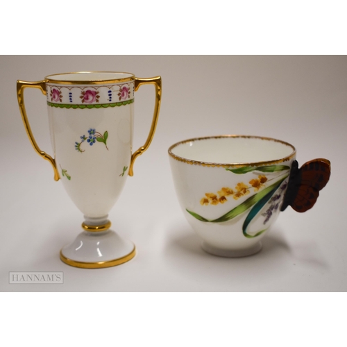 859 - Early 20th century Minton style coffee cup with butterfly handle painted with raised leaves and flow... 