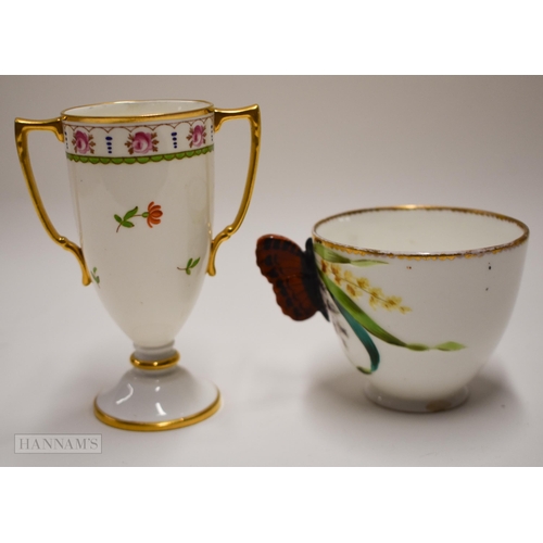 859 - Early 20th century Minton style coffee cup with butterfly handle painted with raised leaves and flow... 