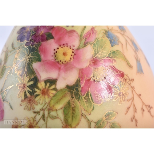 861 - Royal Worcester large tear-drop blush ivory vase painted with flowers outlined in gold, shape F105 H... 