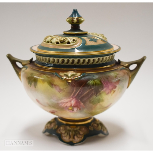 863 - 19th century Hadley Worcester pot pourri and cover painted with flowers on an atmospheric ground, gr... 