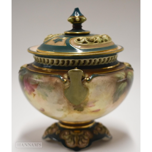 863 - 19th century Hadley Worcester pot pourri and cover painted with flowers on an atmospheric ground, gr... 