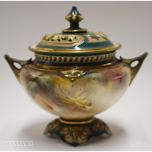 863 - 19th century Hadley Worcester pot pourri and cover painted with flowers on an atmospheric ground, gr... 