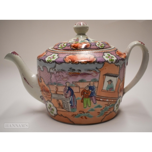 867 - 18th century New Hall teapot and cover painted with the Boy in the Window pattern. 25 x 15 cm