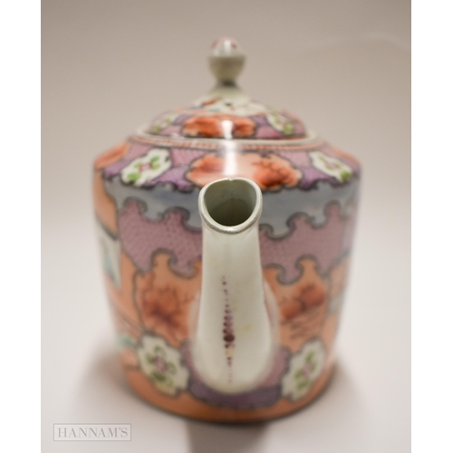 867 - 18th century New Hall teapot and cover painted with the Boy in the Window pattern. 25 x 15 cm