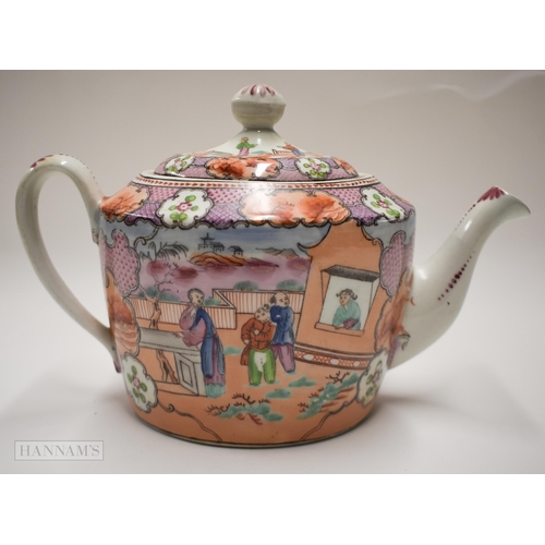 867 - 18th century New Hall teapot and cover painted with the Boy in the Window pattern. 25 x 15 cm