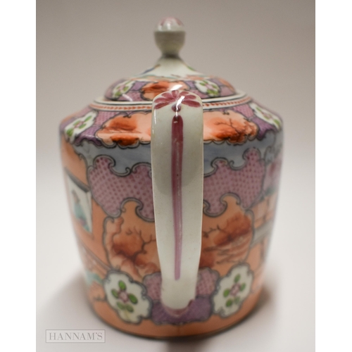 867 - 18th century New Hall teapot and cover painted with the Boy in the Window pattern. 25 x 15 cm