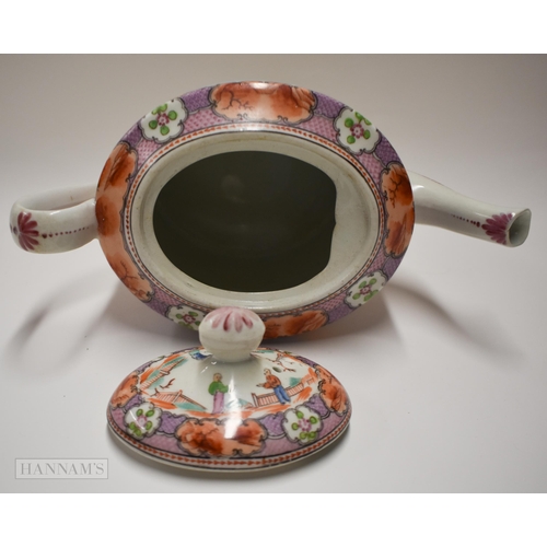 867 - 18th century New Hall teapot and cover painted with the Boy in the Window pattern. 25 x 15 cm