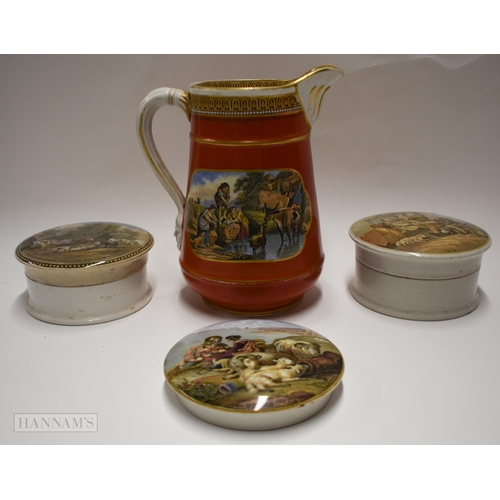 868 - 19th century Prattware type jug decorated on both sides with two river scenes, and three pot lids an... 