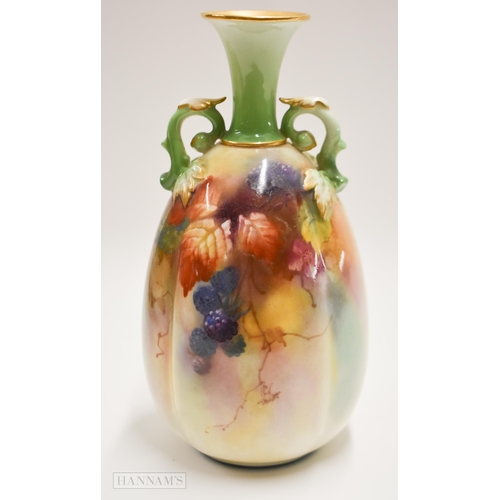 874 - Royal Worcester vase in Hadley shape and style painted with autumnal leaves and berries by Kitty Bla... 