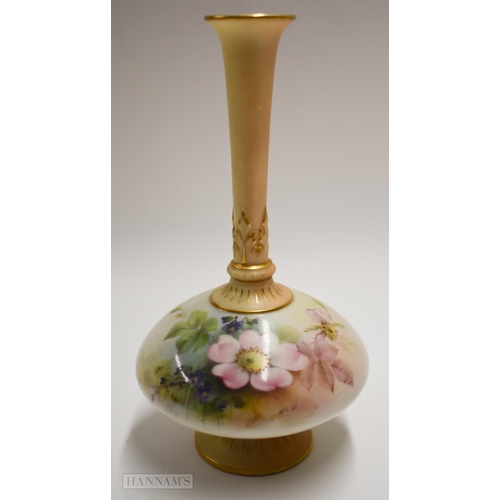 878 - Royal Worcester bottle vase by Cole, signed, painted with dog rose and other flowers, blush ivory ac... 