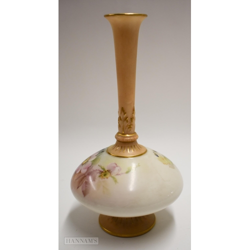 878 - Royal Worcester bottle vase by Cole, signed, painted with dog rose and other flowers, blush ivory ac... 