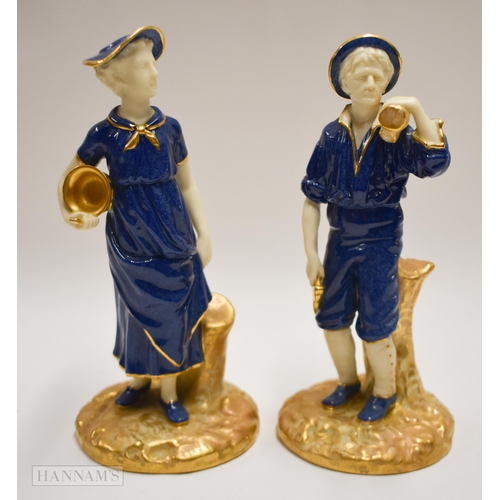 880 - Royal Worcester pair of figures of the Woodman and the Milkmaid, he with an axe and she with a milk ... 