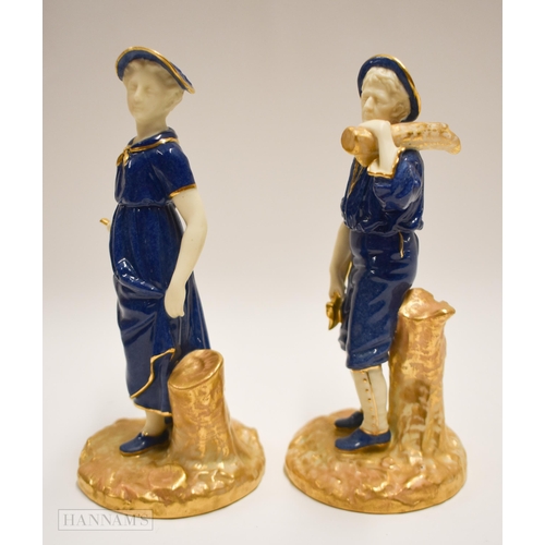 880 - Royal Worcester pair of figures of the Woodman and the Milkmaid, he with an axe and she with a milk ... 