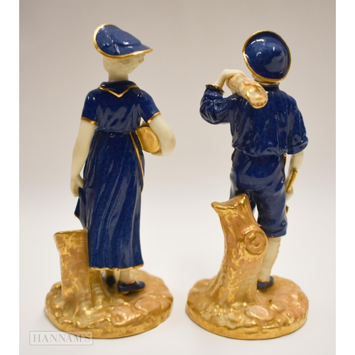 880 - Royal Worcester pair of figures of the Woodman and the Milkmaid, he with an axe and she with a milk ... 