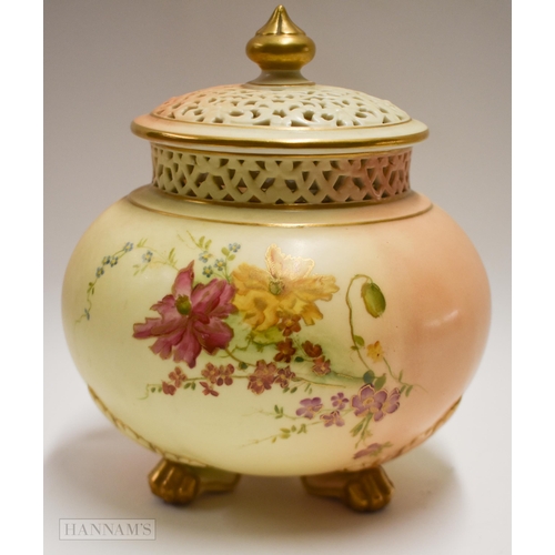 883 - Royal Worcester pot pourri vase and two covers painted with flowers on a blush ivory ground, green m... 