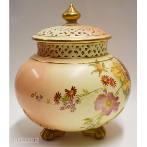 883 - Royal Worcester pot pourri vase and two covers painted with flowers on a blush ivory ground, green m... 