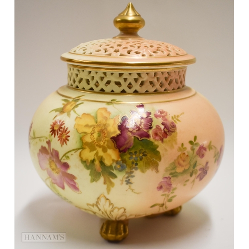 883 - Royal Worcester pot pourri vase and two covers painted with flowers on a blush ivory ground, green m... 