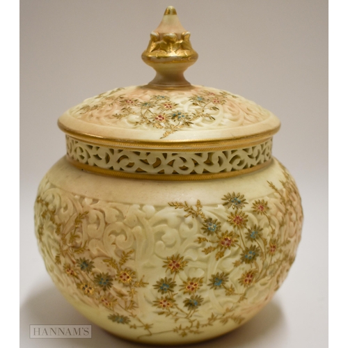 888 - Grainger Worcester pot pourri and cover moulded with a reticulated design, not pierced, decorated wi... 