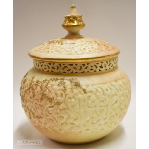 888 - Grainger Worcester pot pourri and cover moulded with a reticulated design, not pierced, decorated wi... 