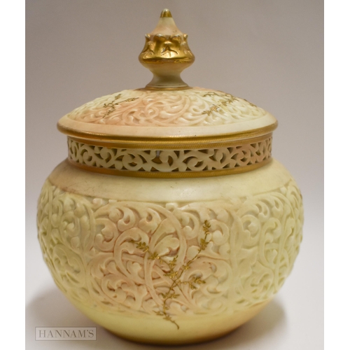 888 - Grainger Worcester pot pourri and cover moulded with a reticulated design, not pierced, decorated wi... 