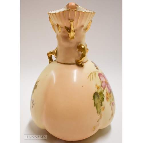 889 - Royal Worcester coral handled jug painted with flowers outlined in gold and hand painted, puce mark ... 