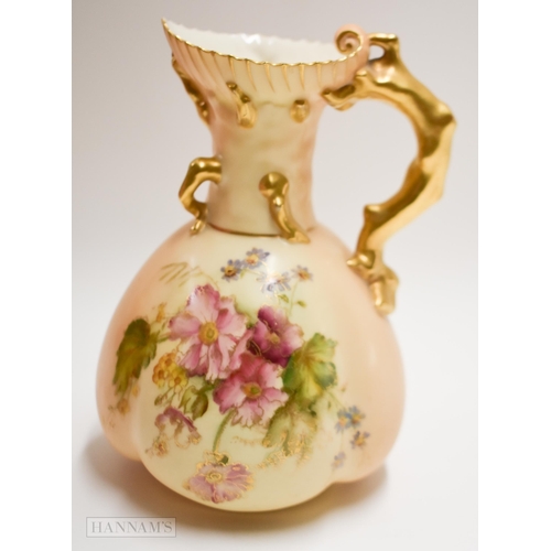 889 - Royal Worcester coral handled jug painted with flowers outlined in gold and hand painted, puce mark ... 