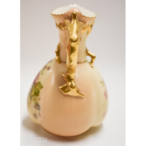 889 - Royal Worcester coral handled jug painted with flowers outlined in gold and hand painted, puce mark ... 