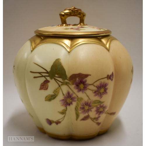 890 - Royal Worcester biscuit barrel painted with flowers on a two tone ivory and blush ivory ground date ... 