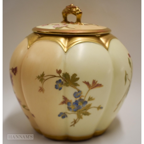 890 - Royal Worcester biscuit barrel painted with flowers on a two tone ivory and blush ivory ground date ... 