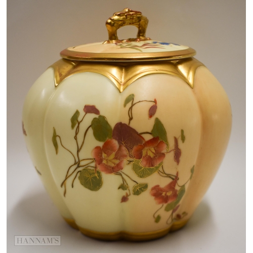 890 - Royal Worcester biscuit barrel painted with flowers on a two tone ivory and blush ivory ground date ... 