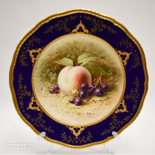 891 - Coalport fine plate with blue and raised gilt border painted with fruit by Fredrick Chivers, signed ... 