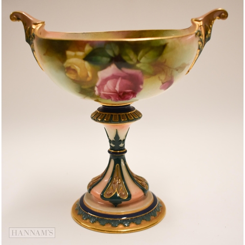 892 - Royal Worcester fine Hadleyware two handled boat shaped vase on a pedestal with coloured clays, pain... 