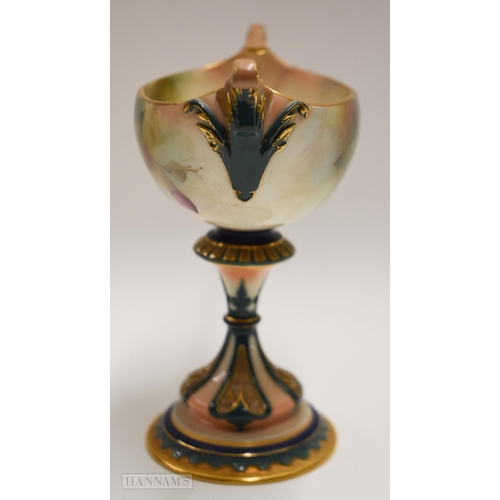 892 - Royal Worcester fine Hadleyware two handled boat shaped vase on a pedestal with coloured clays, pain... 