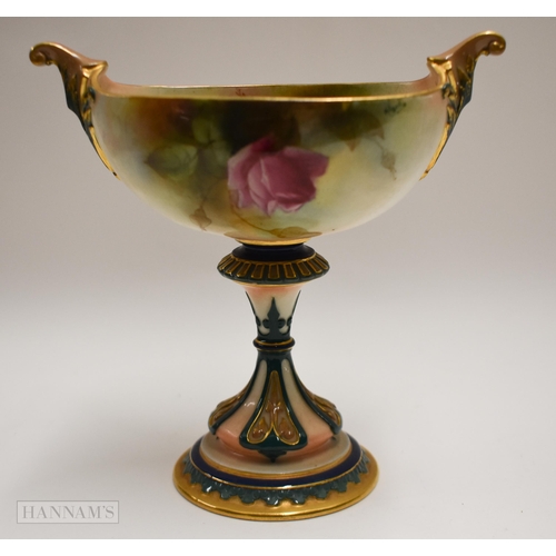 892 - Royal Worcester fine Hadleyware two handled boat shaped vase on a pedestal with coloured clays, pain... 