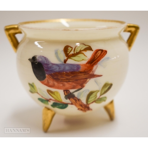 893 - Royal Worcester three-footed cauldron painted with two birds by John Hopewell, date mark for 1874. 6... 