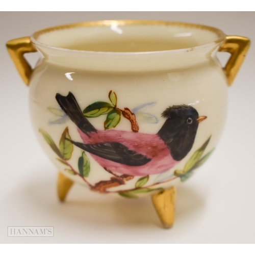 893 - Royal Worcester three-footed cauldron painted with two birds by John Hopewell, date mark for 1874. 6... 