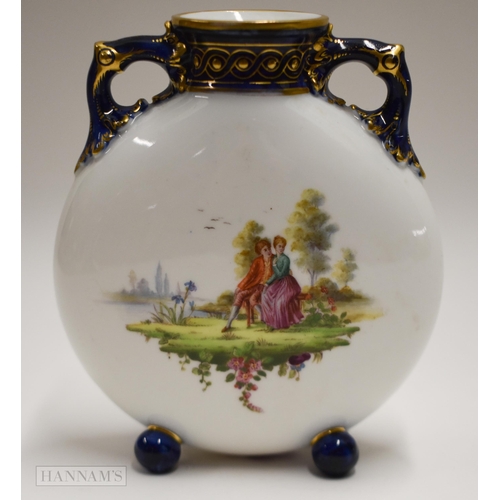 896 - Royal Worcester rare moonflask on four ball feet, painted in Watteauesque style with a courting coup... 