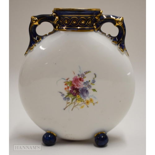 896 - Royal Worcester rare moonflask on four ball feet, painted in Watteauesque style with a courting coup... 