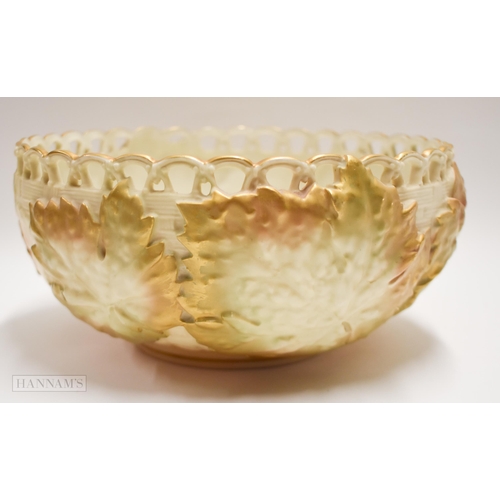 897 - Royal Worcester rare salad bowl with basket weave and leaf moulding and pierced border, puce mark fo... 