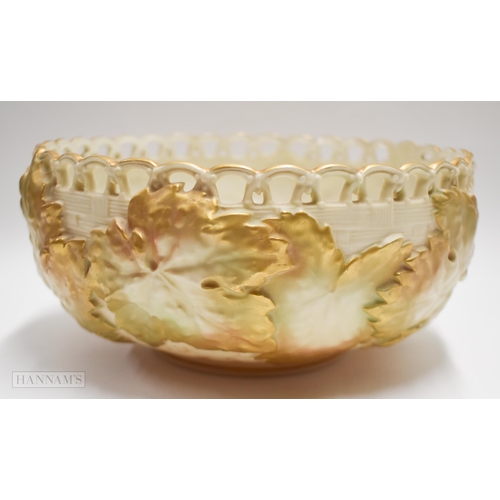 897 - Royal Worcester rare salad bowl with basket weave and leaf moulding and pierced border, puce mark fo... 