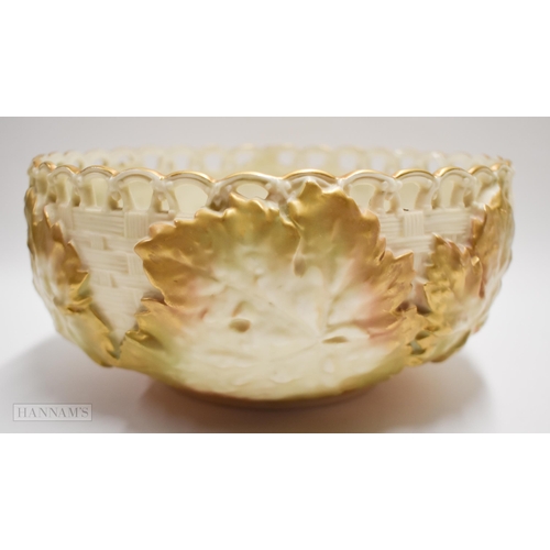 897 - Royal Worcester rare salad bowl with basket weave and leaf moulding and pierced border, puce mark fo... 