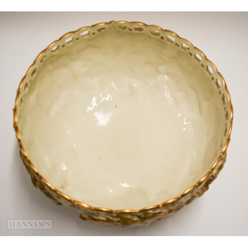 897 - Royal Worcester rare salad bowl with basket weave and leaf moulding and pierced border, puce mark fo... 