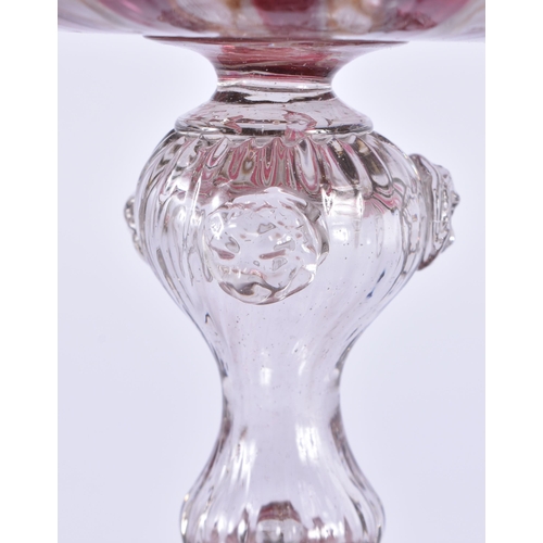 90 - A FINE EARLY 20TH CENTURY ITALIAN RUBY AND WHITE FLASH GLASS BOWL the stem decorated with mask heads... 