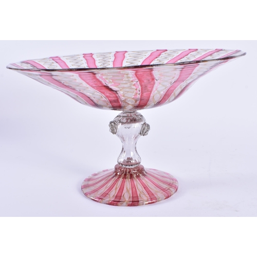 90 - A FINE EARLY 20TH CENTURY ITALIAN RUBY AND WHITE FLASH GLASS BOWL the stem decorated with mask heads... 