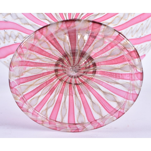 90 - A FINE EARLY 20TH CENTURY ITALIAN RUBY AND WHITE FLASH GLASS BOWL the stem decorated with mask heads... 