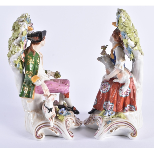 9 - A PAIR OF 19TH CENTURY DERBY PORCELAIN FIGURES modelled as a male and female with animals. 19 cm hig... 