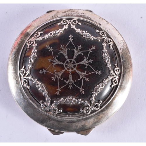 1102 - A FINE ART DECO TORTOISESHELL PIQUE WORK SILVER COMPACT. 126.3 grams. 9 cm x 2.5 cm.