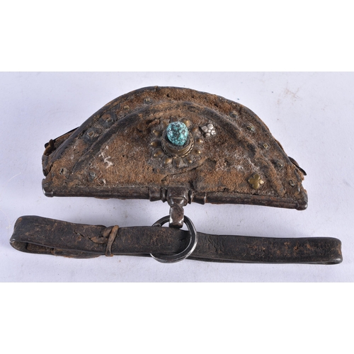 1361 - AN ANTIQUE TIBETAN TURQUOISE INSET FLINT HOLDER. 12.5 cm x 7 cm.