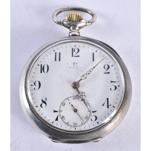 1651 - AN OMEGA SILVER POCKET WATCH. 88.9 grams. 5 cm diameter.